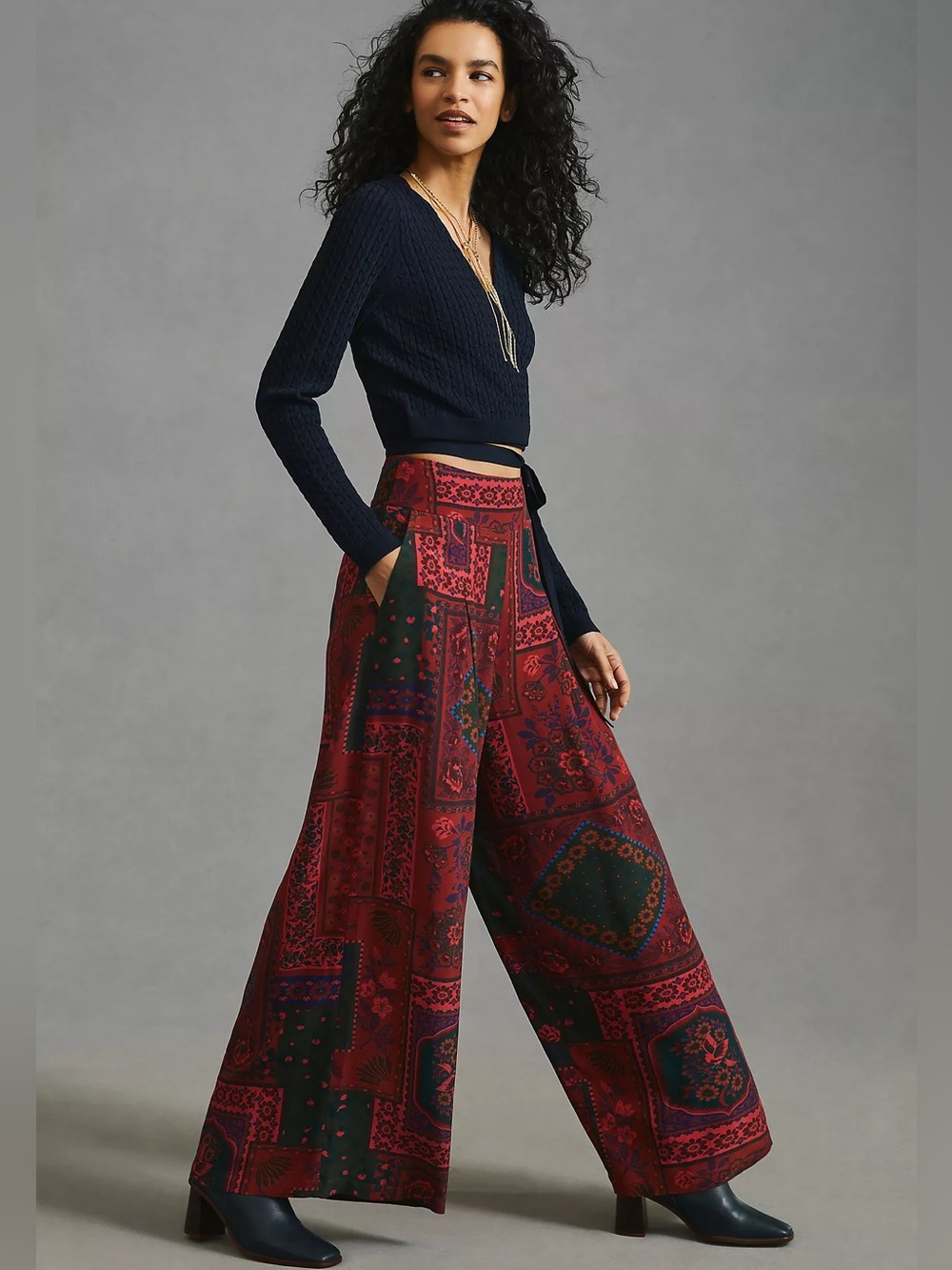 NWT Farm Rio Wide-Leg Pants Bohemian Folk Textile Patchwork Ethnic Red Size M - Picture 3 of 6